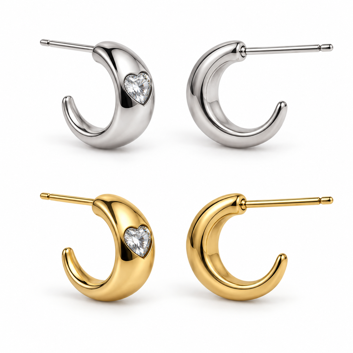 Pairs of gold and silver Cherub stud half hoops with straight posts