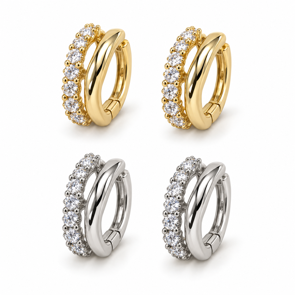 Gold and silver pairs of Hattie double huggies with a continuous line of diamonds