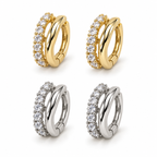 Gold and silver pairs of Hattie double huggies with a continuous line of diamonds