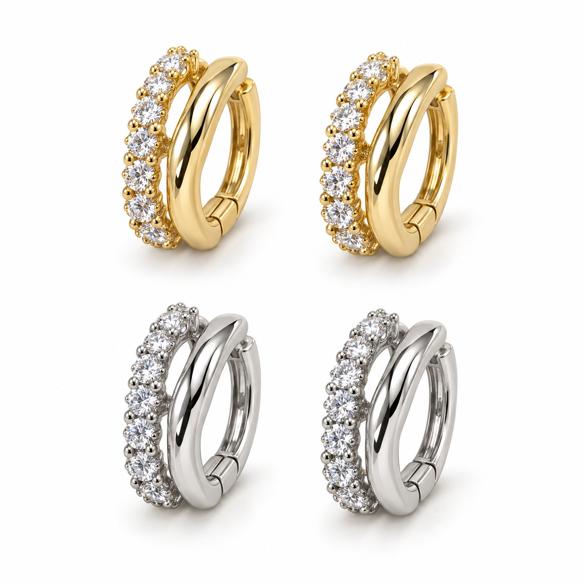 Gold and silver pairs of Hattie double huggies with a continuous line of diamonds