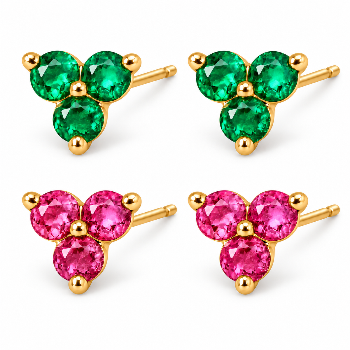Green and pink Sienna stud pairs in gold with pins visible